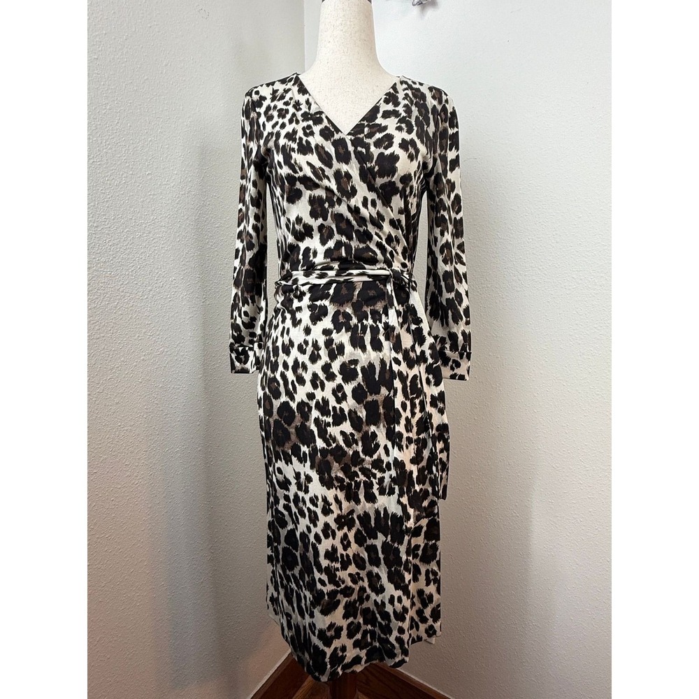 Diane von Furstenberg Leopard Silk Jersey Wrap Dress Brown Cream Size 6